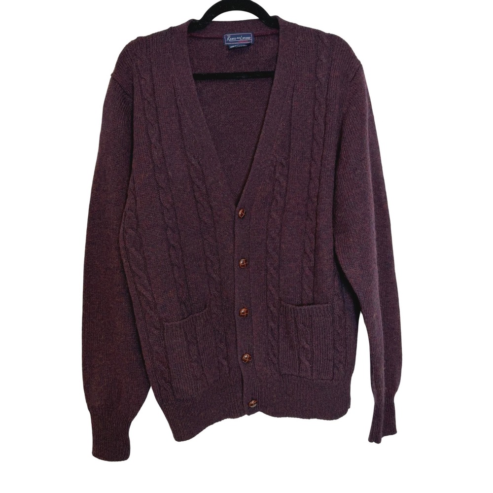 Vtg Shetland Wool Cardigan Sweater Cable Knit Grunge Grandpa Streetwear XL